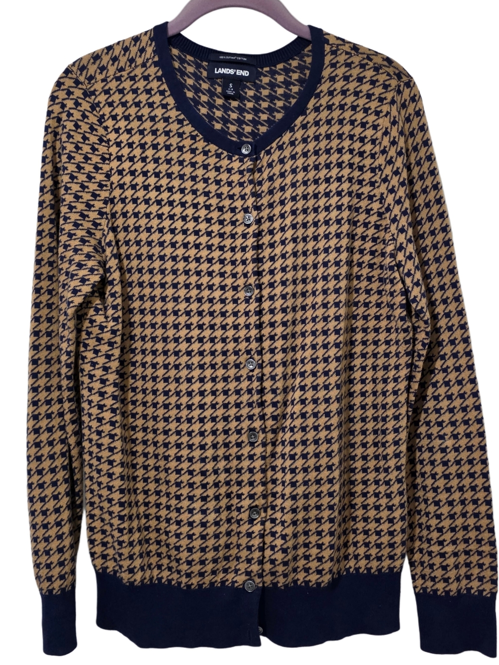 Lands' End Navy and Camel Supima Cotton Houndstooth Button-Front Cardigan
